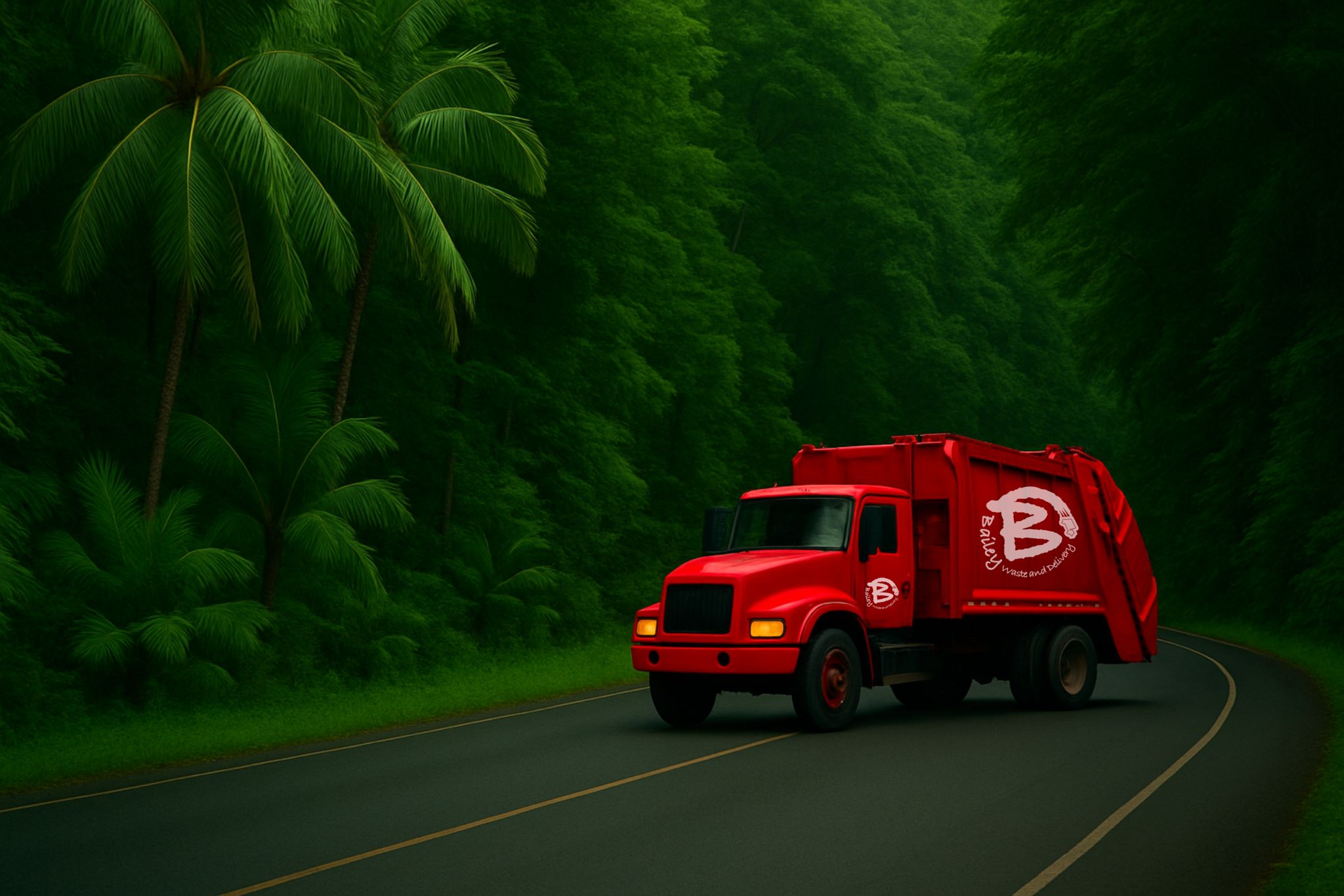 Red truck with a logo on a road surrounded by greenery